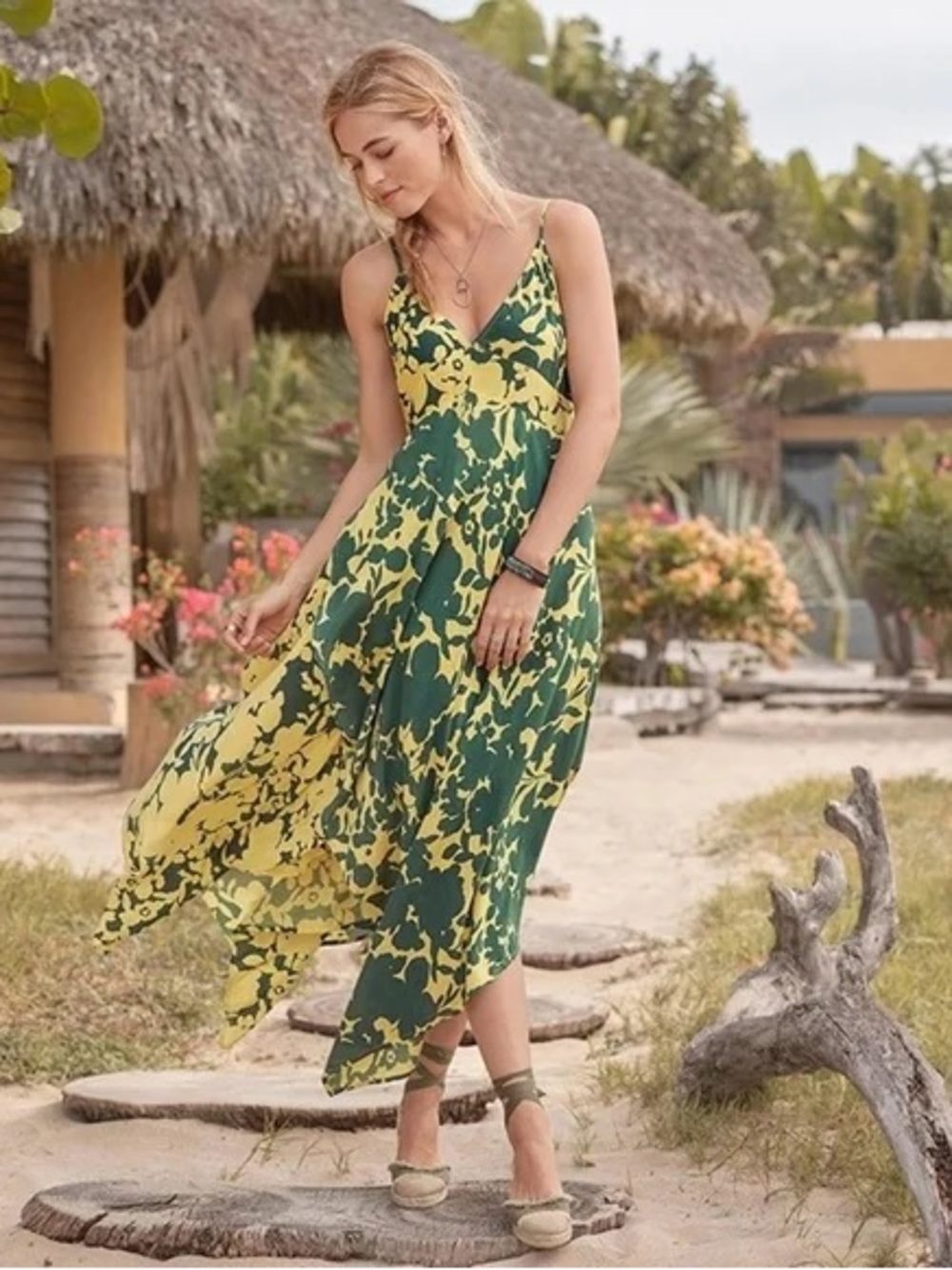 Sundance Green and Yellow Floral Asymmetrical Maxi Dress
